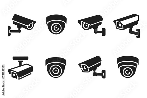 Collection of black security camera icons: cctv, surveillance, monitoring symbols