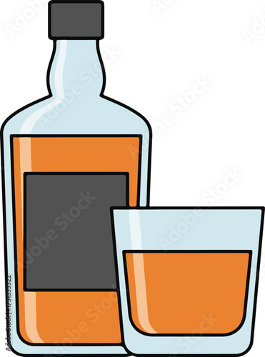 Liquor Bottle and Glass, Flat and Alcoholic vector illustration
