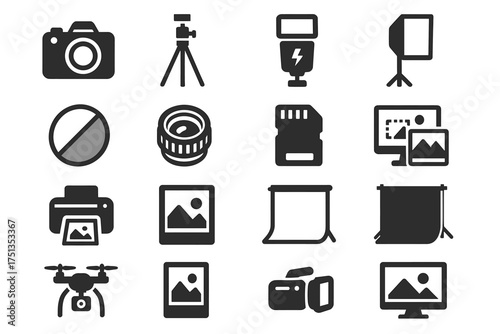 Photography icons set: camera, tripod, flash, lens, drone, printer, memory card, backdrop