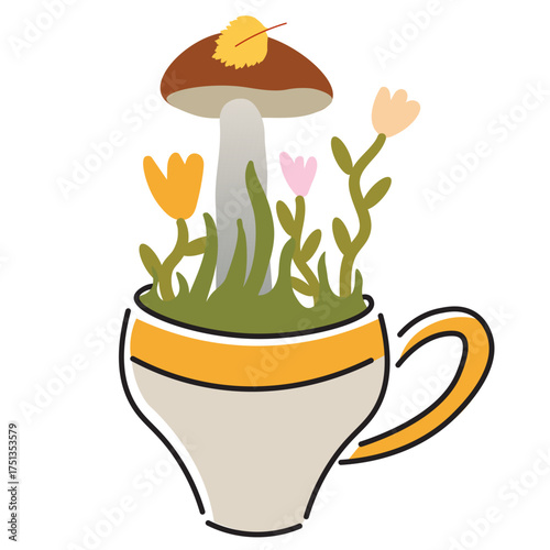 tea cup with plants6 mushrooms and leaf in vector.Element for sticker, poster, design, decoration