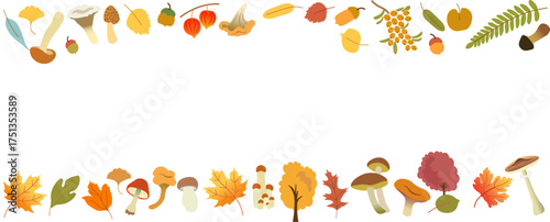 horizontal frame from autumn leaves and mushrooms in vector. Template for background, wallpaper, banner, backdrop, decoration