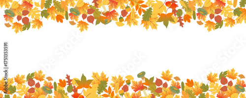 horizontal frame from autumn leaves and mushrooms in vector. Template for background, wallpaper, banner, backdrop, decoration