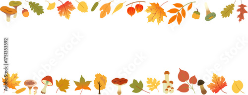 horizontal frame from autumn leaves and mushrooms in vector. Template for background, wallpaper, banner, backdrop, decoration