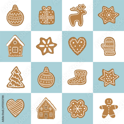 Christmas Cookies Square Pattern. Seamless Geometric Checkered Print with Gingerbread Cookies. Gingerbread House, Deer, Glove, Gingerbread Man, Sock. Christmas Holiday Chess Background. Vector image