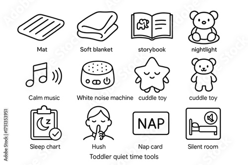 Toddler quiet time tools featuring soft blanket, storybook, and nightlight icons