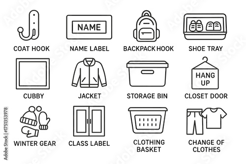 School classroom organization labels and icons for storage and clothing