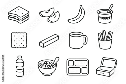 Outline icons of various food items: sandwich, fruit, yogurt, crackers, cup, bottle, meal box