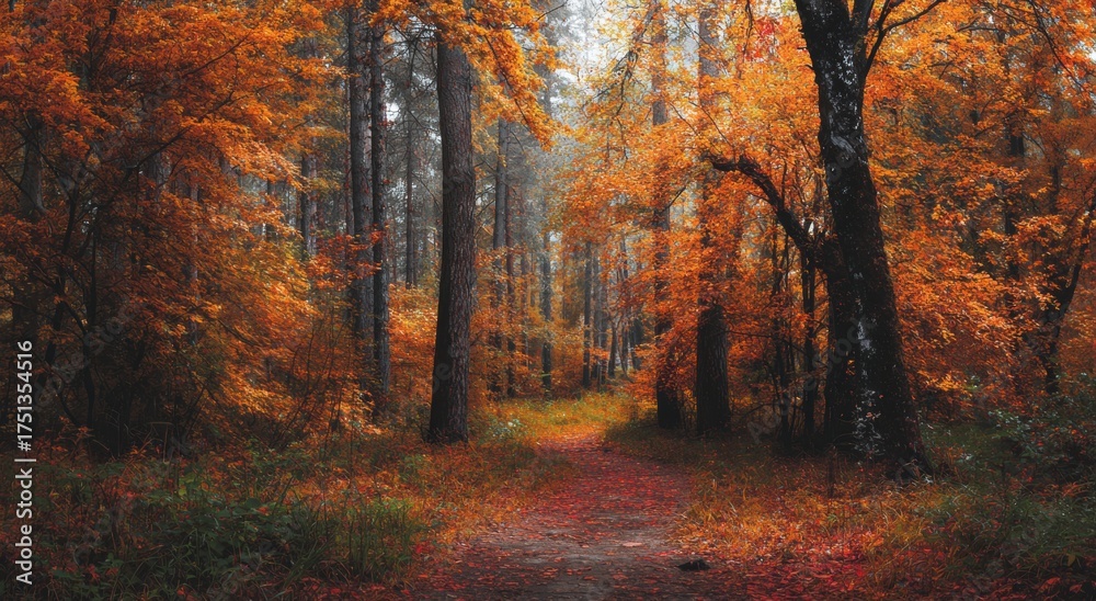 Obraz premium autumn forest path with vibrant orange and brown foliage on trees lining trail creating atmospheric fall landscape scene 
