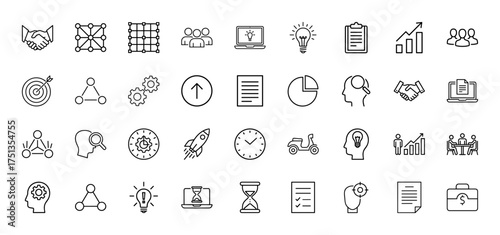Business strategy and development line icon set. Vector pictograms of handshake, charts, target, lightbulb, rocket, people, and documents, thin linear illustration.