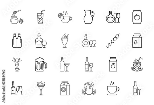 Beverage and drink line icon set. Vector pictograms of honey, soda, tea, milk, beer, wine, coffee, cocktails, and juices, thin linear illustration.