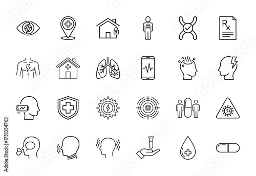 Medical and illness line icon set. Vector pictograms of hospital pin, lungs with virus, prescription, shield, test tube, cough, heartbeat, and pill, thin linear illustration.