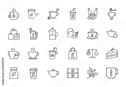Tea and beverage line icon set. Vector pictograms of teacups, teapots, kettles, coffee cups, organic leaves, and related cafe items, thin linear illustration.