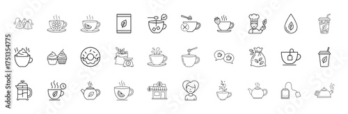 Tea and coffee line icon set. Vector pictograms of teacups, teabags, teapots, kettle, French press, pastries, chef, and takeaway cups, thin linear illustration.