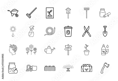 Gardening and nature line icon set. Vector pictograms of wheelbarrow, rake, seed packet, birdhouse, shears, shovel, watering can, sprinkler, thin linear illustration.