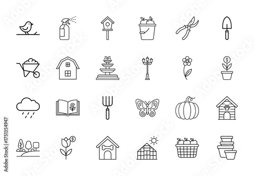 Gardening line icon set. Vector pictograms of garden tools, plants, animals, farm structures, outdoor objects, and weather, thin linear illustration.