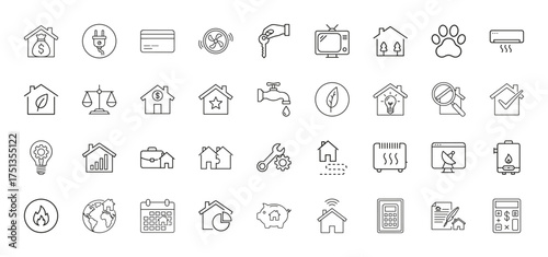 Real estate and home services line icon set. Vector pictograms of houses, keys, electricity, water, repair, finance, and smart home elements, thin linear illustration.