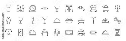 Food and dining line icon set. Vector pictograms of glassware, chef hat, cloche, grill, corkscrew, champagne, credit card, bread, bell, and receipt, thin linear illustration.