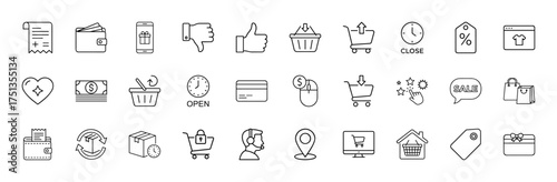 E-commerce line icon set. Vector pictograms of receipts, wallets, smartphones, shopping carts, credit cards, delivery boxes, price tags, and shopping bags, thin linear illustration.