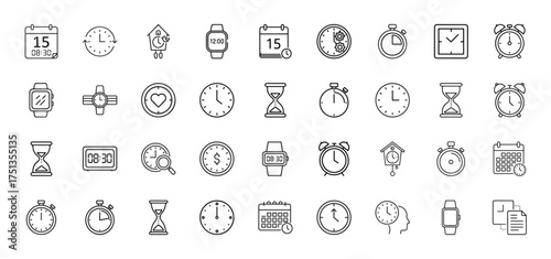 Time management line icon set. Vector pictograms of calendars, clocks, smartwatches, stopwatches, and hourglasses, thin linear illustration.