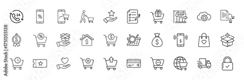 E-commerce line icon set. Vector pictograms of mobile shopping, delivery truck, secure payment, shopping bag, gift cart, customer support, and discounts, thin linear illustration.