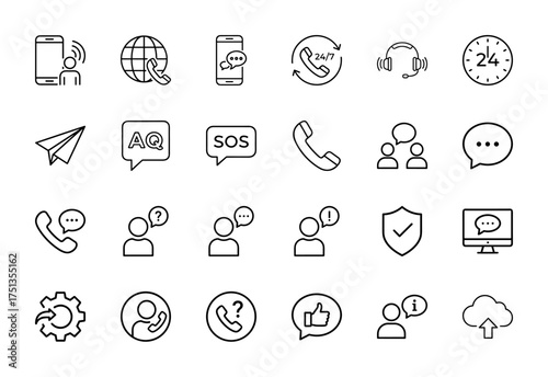 Communication line icon set. Vector pictograms of smartphones, global calls, 24/7 support, headphones, paper airplane, chat bubbles, security shield, and cloud services, thin linear illustration.
