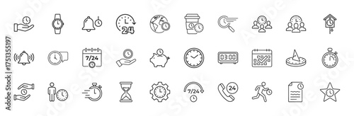 Time and scheduling line icon set. Vector pictograms of clocks, watches, calendars, alarms, stopwatches, hourglasses, and global service, thin linear illustration.