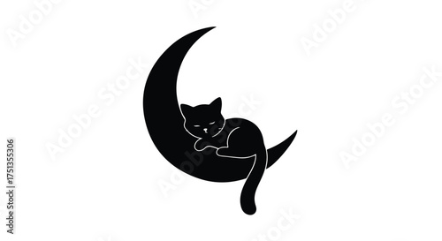 Serene black cat rests peacefully on a crescent moon against a white background.