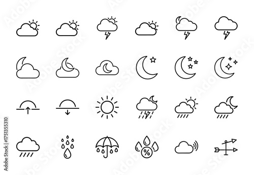 Weather line icon set. Vector pictograms of clouds, sun, moon, stars, lightning, rain, umbrella, humidity, wind, sunrise, and sunset, thin linear illustration.