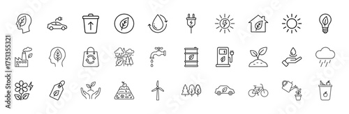 Ecology and environment line icon set. Vector pictograms of electric car, recycling bin, solar power, eco house, plant, wind turbine, and eco ideas, thin linear illustration.
