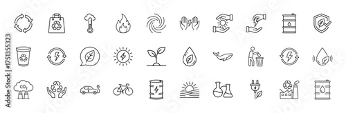 Environmental protection line icon set. Vector pictograms of recycling, thermometer, fire, renewable energy, plant, water drop, whale, oil barrel, electric car, and bicycle, thin linear illustration.