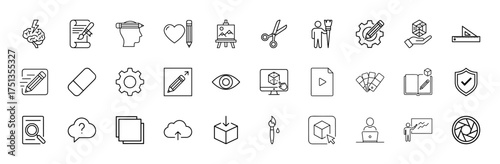 Creativity, design, and education line icon set. Vector pictograms of brain, pencil, easel, scissors, gear, 3D cube, ruler, color palette, cloud, and laptop, thin linear illustration.