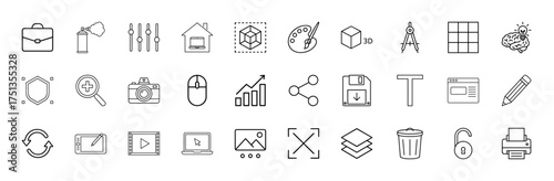 Creative and development line icon set. Vector pictograms of briefcase, palette, 3D objects, camera, charts, share, layers, trash, and printer, thin linear illustration.