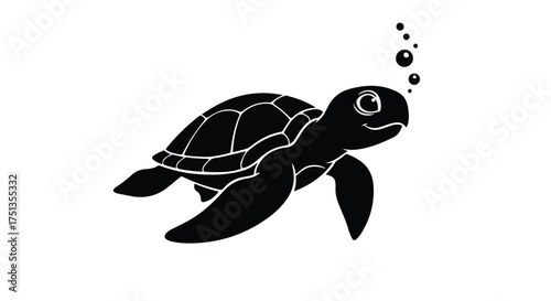 Playful black sea turtle swims upwards towards air bubbles