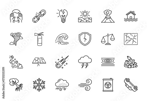 Natural disasters and environmental hazards line icon set. Vector pictograms of volcanoes, tornadoes, floods, droughts, storms, earthquakes, and pollution, thin linear illustration.