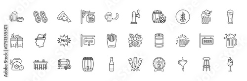 Beer and pub line icon set. Vector pictograms of mugs, barrels, hops, brewery tanks, bar, tap, food, and festival elements, thin linear illustration.