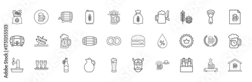Oktoberfest and brewery line icon set. Vector pictograms of beer mugs, hops, barrels, cans, sausages, pretzels, burgers, taps, bottles, and glasses, thin linear illustration.