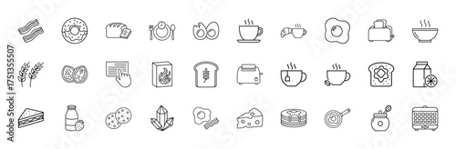 Food and breakfast line icon set. Vector pictograms of bacon, donut, bread, eggs, coffee, tea, toast, pancakes, waffles, cheese, sandwich, milk, and honey, thin linear illustration.
