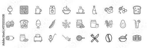 Breakfast food line icon set. Vector pictograms of waffle, coffee, milk, oatmeal, egg, honey, toast, nuts, jam, avocado, juice, and pancakes, thin linear illustration.