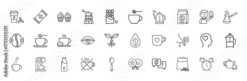 Beverage and coffee line icon set. Vector pictograms of cups, beans, grinder, kettle, chocolate, barista, french press, espresso machine, and teapot, thin linear illustration.