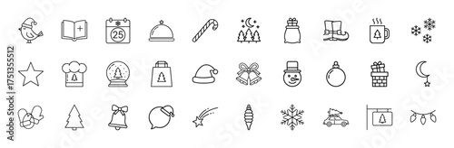 Christmas and winter holidays line icon set. Vector pictograms of Santa hat, snowman, gifts, bells, Christmas tree, snowflakes, car, candy cane, snow globe, bauble, calendar, thin linear illustration.