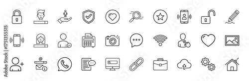 General interface line icon set. Vector pictograms of padlock, user, smartphone, shield, heart, search, star, camera, message, WiFi, document, briefcase, home, settings, thin linear illustration.