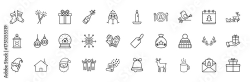 Christmas and new year line icon set. Vector pictograms of stockings, gifts, champagne, candle, reindeer, santa, bell, and winter elements, thin linear illustration.