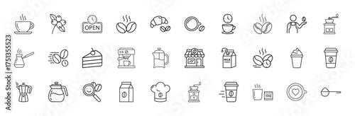 Coffee and cafe line icon set. Vector pictograms of coffee beans, cups, espresso machine, barista, grinder, croissant, cake, and shop, thin linear illustration.