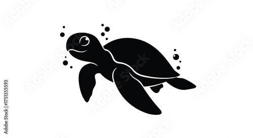Playful silhouette of a sea turtle swimming with bubbles