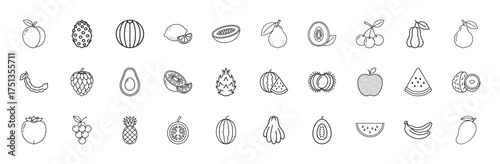 Fruits line icon set. Vector pictograms of watermelon, lemon, papaya, guava, apple, avocado, pineapple, banana, mango, cherry, thin linear illustration.