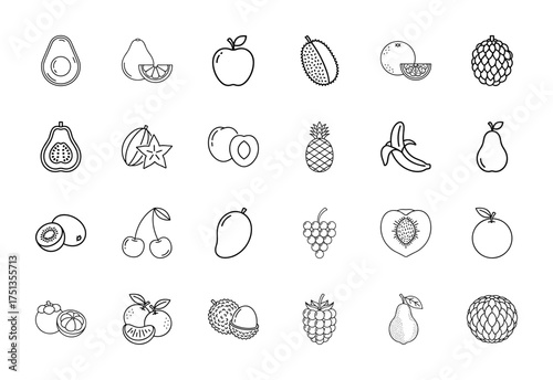 Fruits line icon set. Vector pictograms of avocado, pear, apple, orange, pineapple, banana, kiwi, cherries, mango, grapes, peach, lychee, raspberry, mangosteen, thin linear illustration.