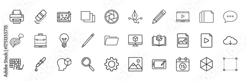 Creative design and office line icon set. Vector pictograms of printer, graphic tablet, camera, pen tool, laptop, documents, lightbulb, folder, image, and gear, thin linear illustration.