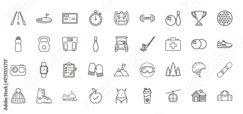 Recreation and activity line icon set. Vector pictograms of golf club, snowboard, dumbbell, helmet, backpack, kettlebell, stopwatch, and water bottle, thin linear illustration.