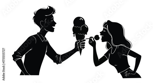 Young couple sharing a sweet moment, enjoying ice cream together on a warm day.