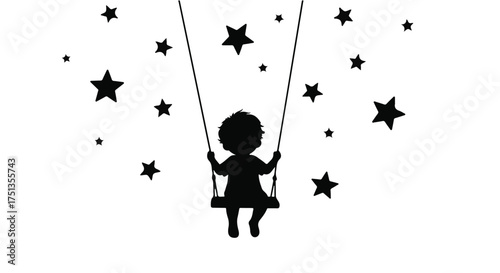 Child's silhouette joyfully swinging among whimsical stars, representing dreams and imagination.
